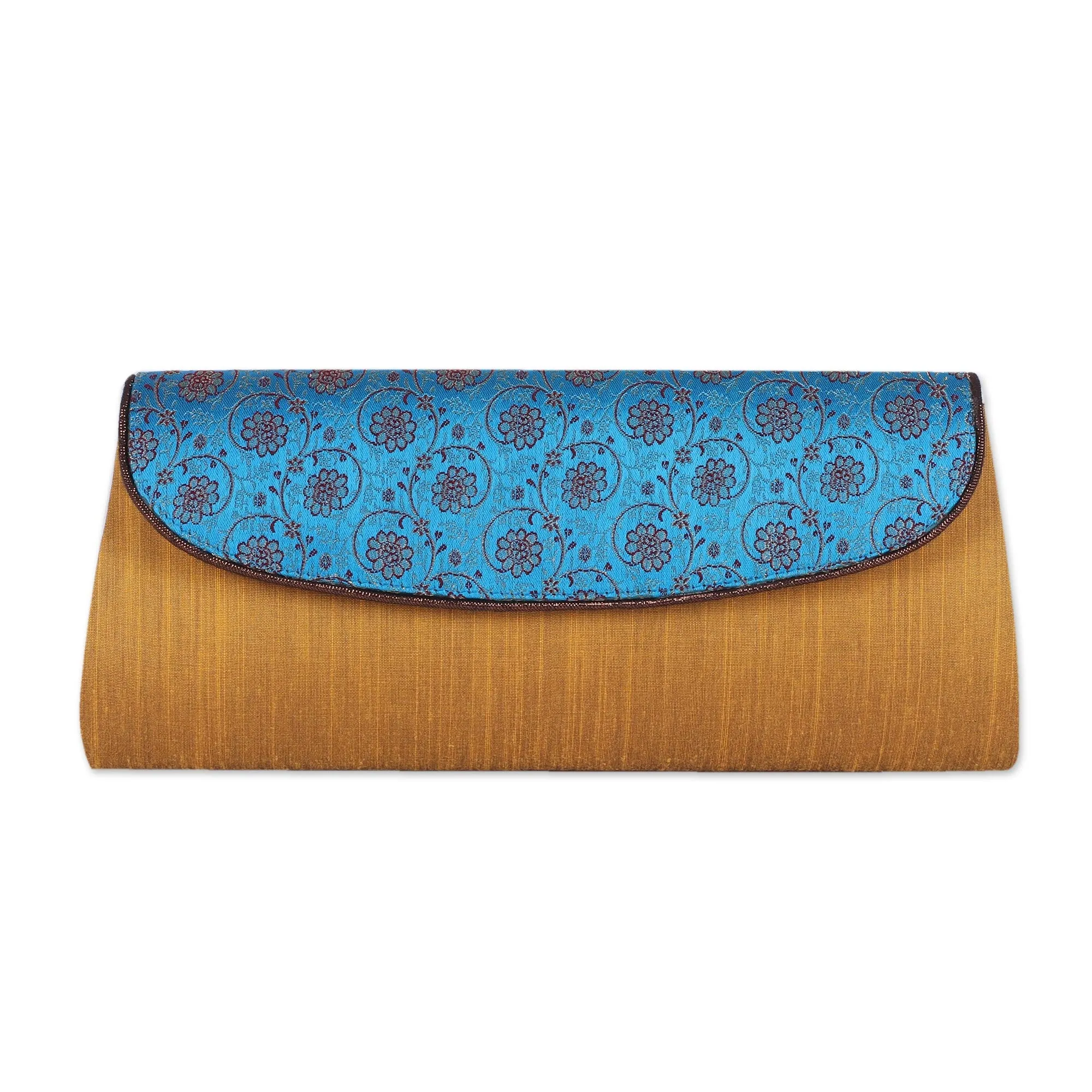 Amber Field Amber and Cyan Clutch Handbag with Floral Pattern from India