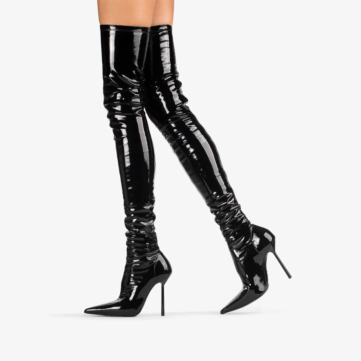 BELLA THIGH-HIGH BOOT 120 mm Black stretch vinyl over-the-knee boot