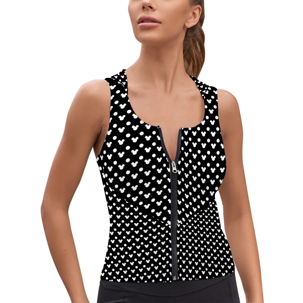 Black With White Mickey Polka Dots Women's Athletic V-Neck Sleeveless Hoodie Vest Tank Top