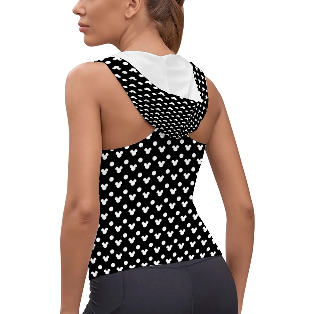 Black With White Mickey Polka Dots Women's Athletic V-Neck Sleeveless Hoodie Vest Tank Top