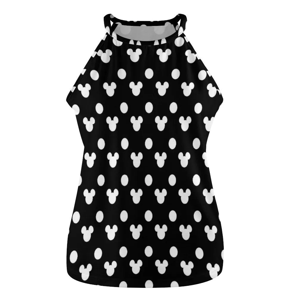 Black With White Mickey Polka Dots Women's Round-Neck Vest Tank Top