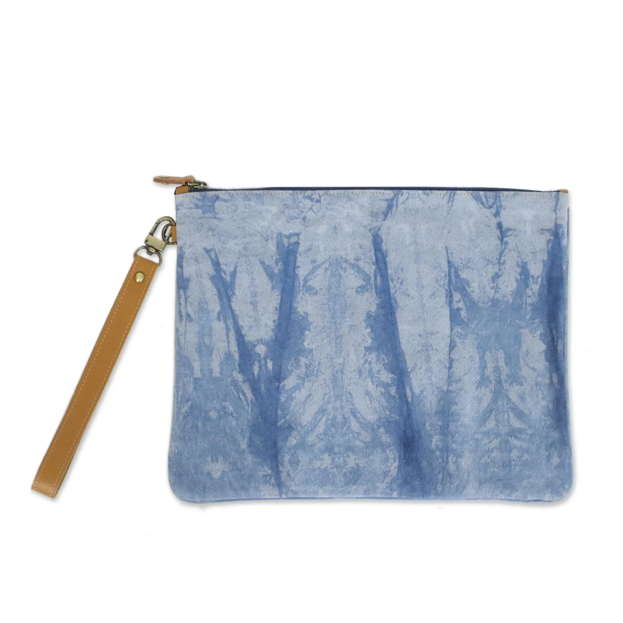 Blue Trees Tie-Dyed Leather Accent Cotton Clutch from Thailand