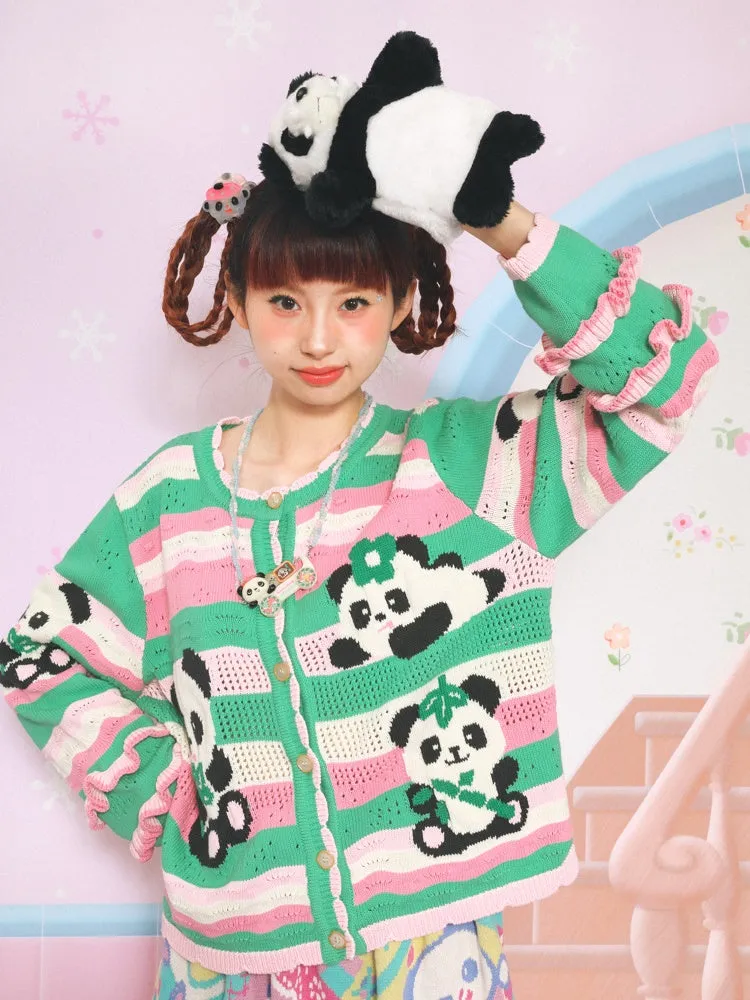 Border Panda Hollow Lace Sleeves Knitted Cardigan