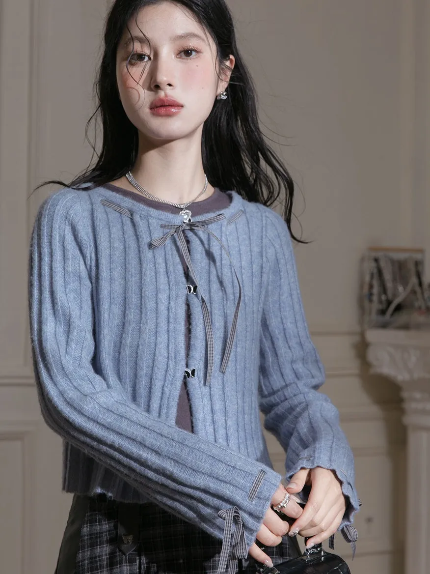 Butterfly Shadow Ribbon Woolen Cardigan & Sleeveless Top Set-up