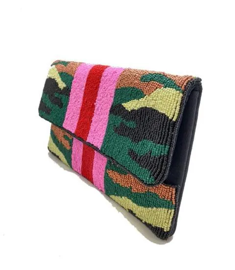 Camo & Stripe Handmade Beaded Clutch