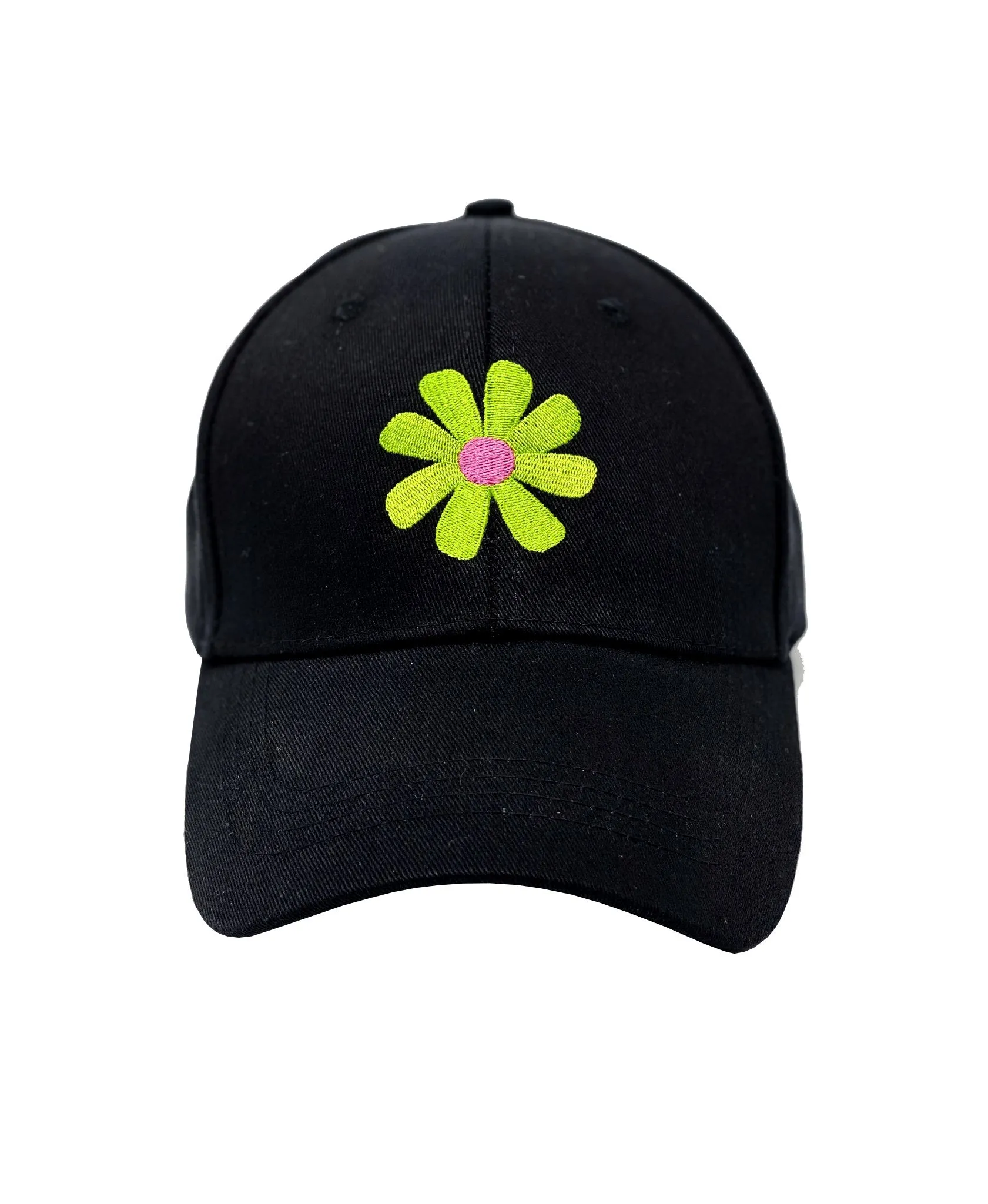 Embroidered Black Baseball Cap with Flower