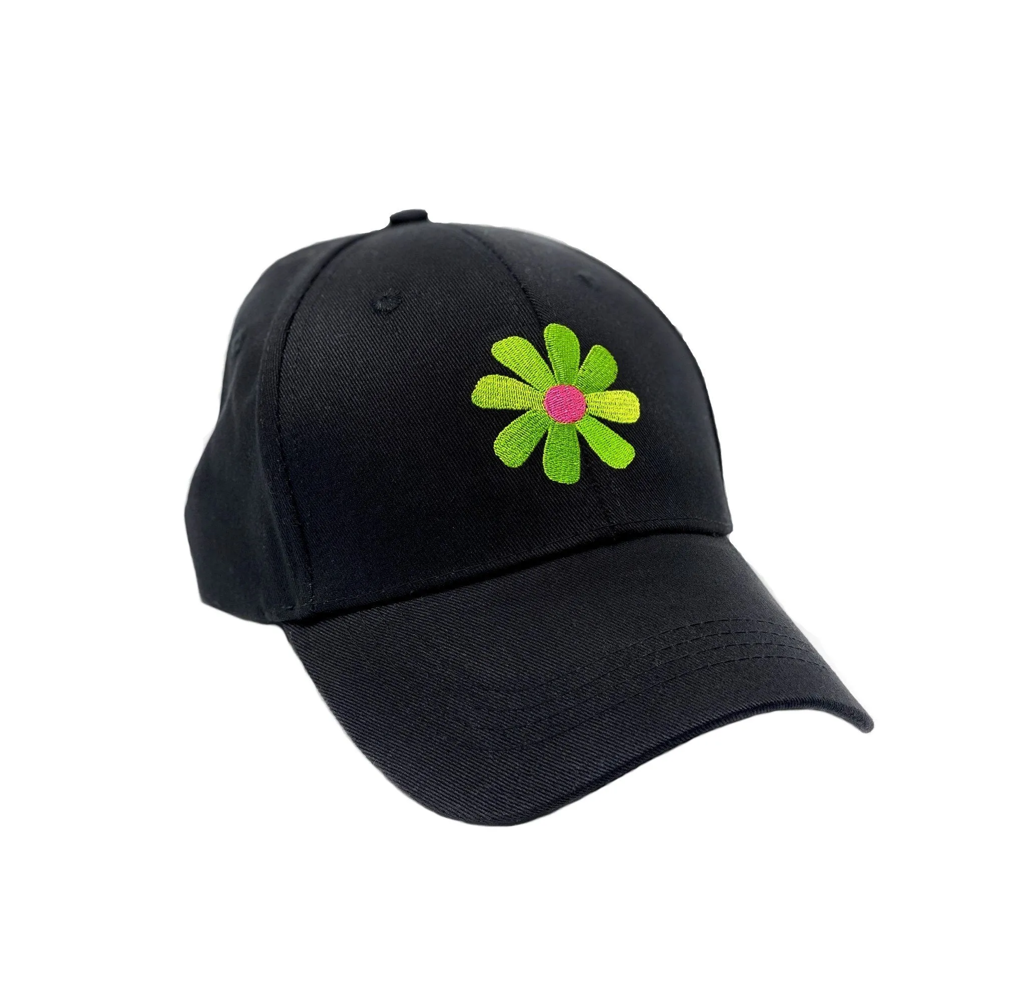 Embroidered Black Baseball Cap with Flower