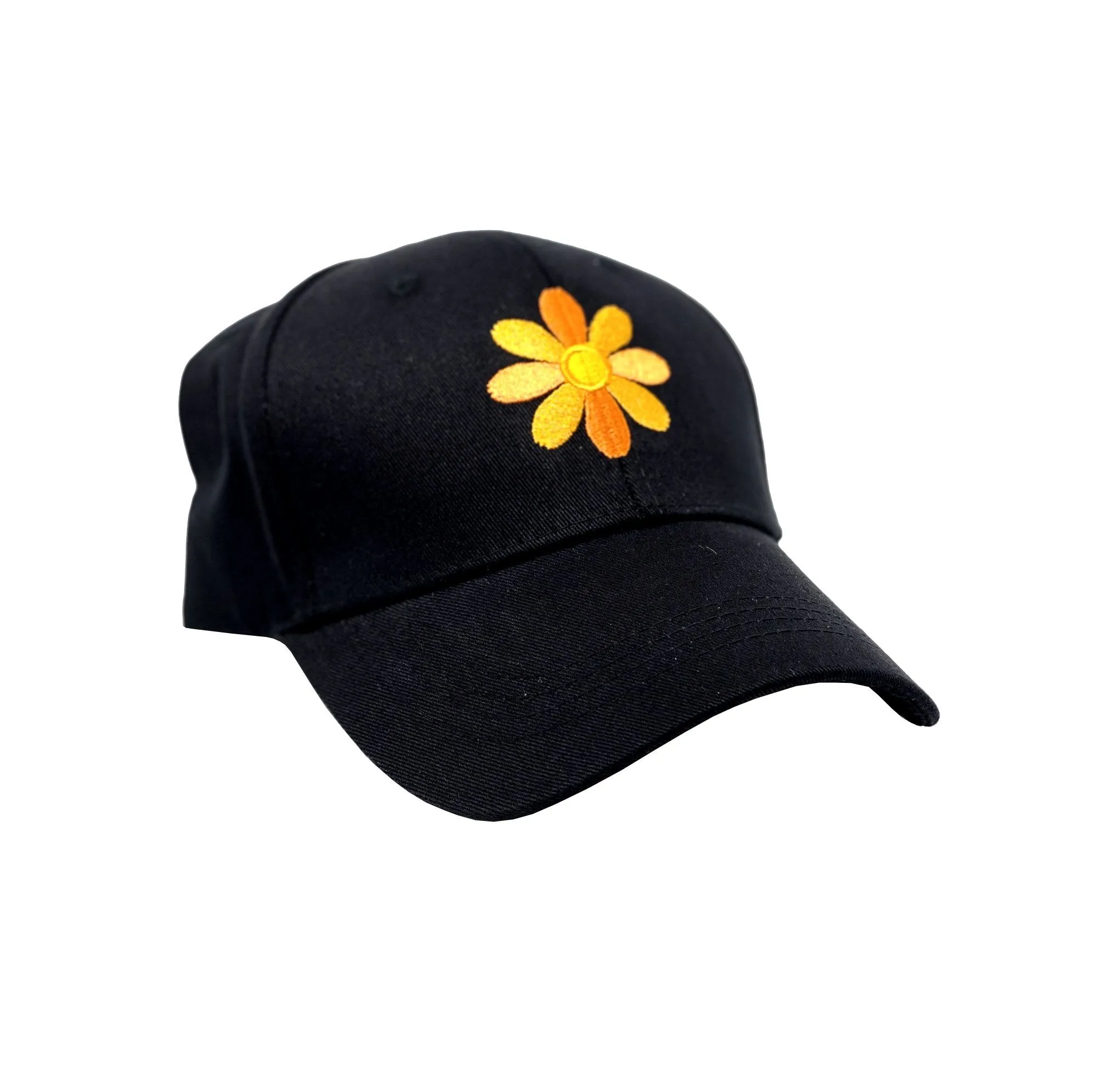 Embroidered Black Baseball Cap with Flower