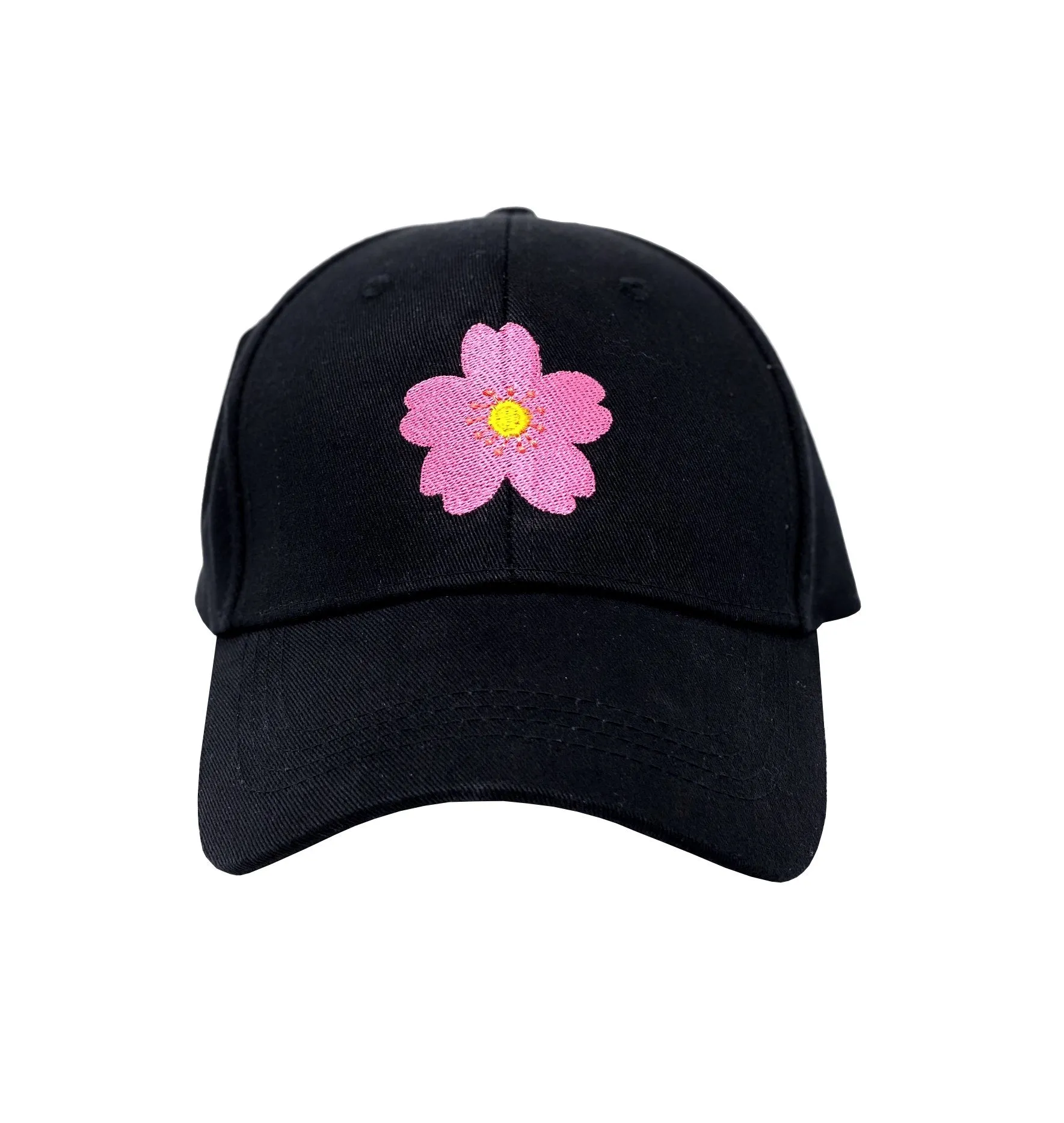 Embroidered Black Baseball Cap with Flower