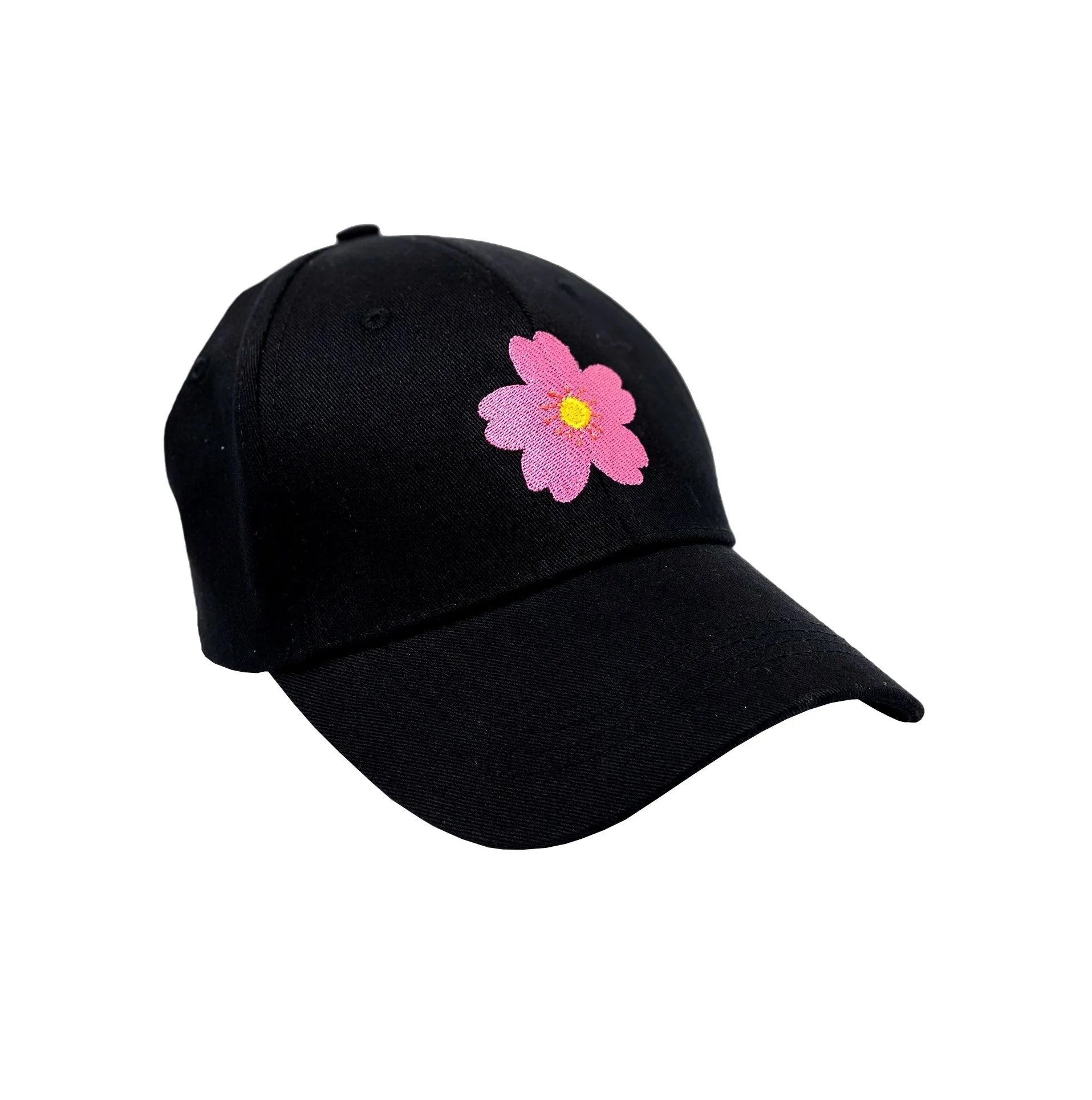 Embroidered Black Baseball Cap with Flower