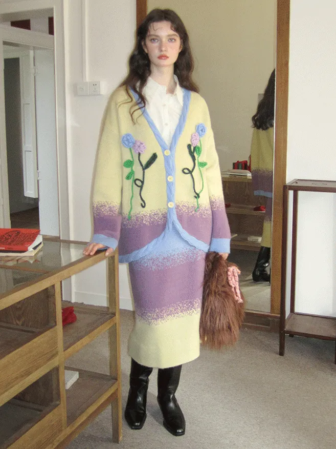 Embroidery Flower-Motif Vintage Retro Gradation Cardigan&Long-Skirt