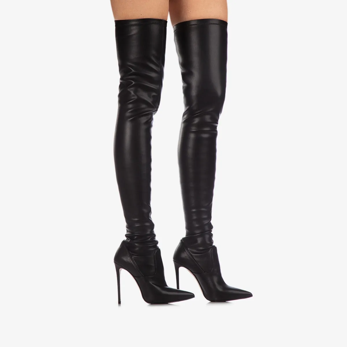 EVA THIGH-HIGH BOOT 120 mm Black stretch vegan leather over-the-knee boot