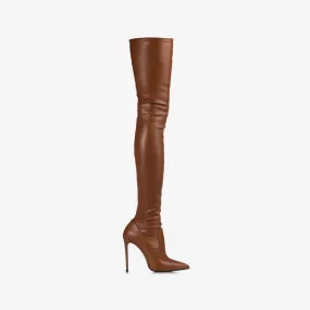 EVA THIGH-HIGH BOOT 120 mm Brick brown stretch vegan leather over-the-knee boot