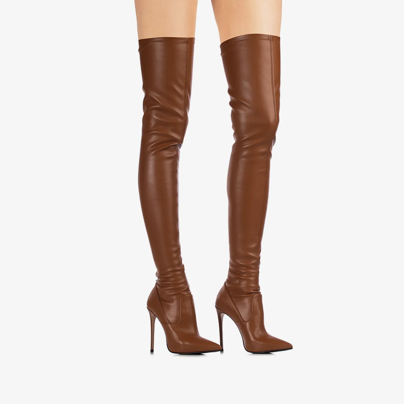 EVA THIGH-HIGH BOOT 120 mm Brick brown stretch vegan leather over-the-knee boot