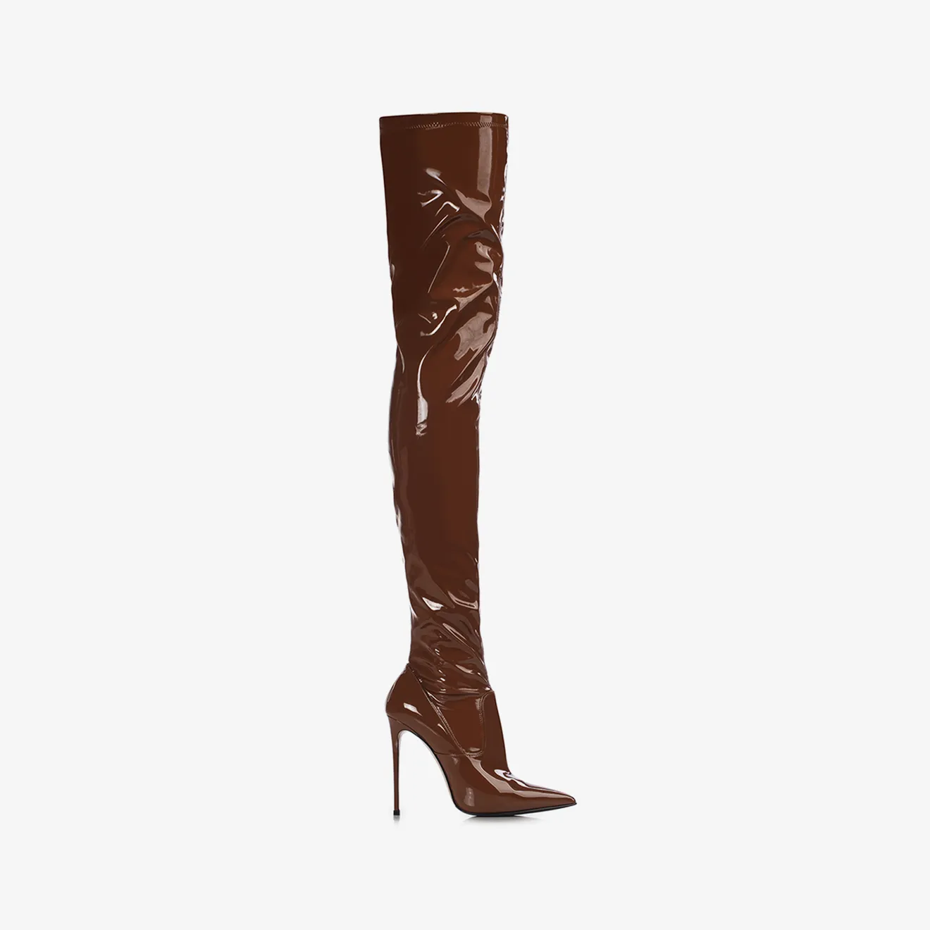 EVA THIGH-HIGH BOOT 120 mm Brick brown stretch vinyl over-the-knee boot