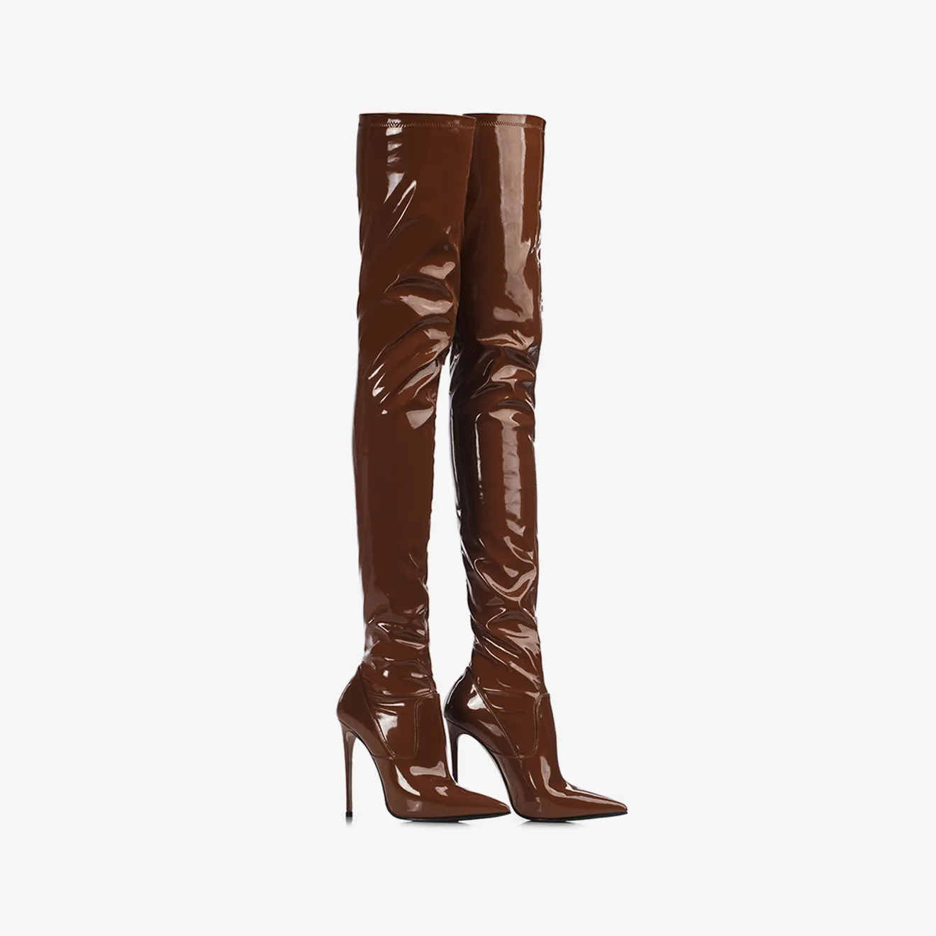 EVA THIGH-HIGH BOOT 120 mm Brick brown stretch vinyl over-the-knee boot