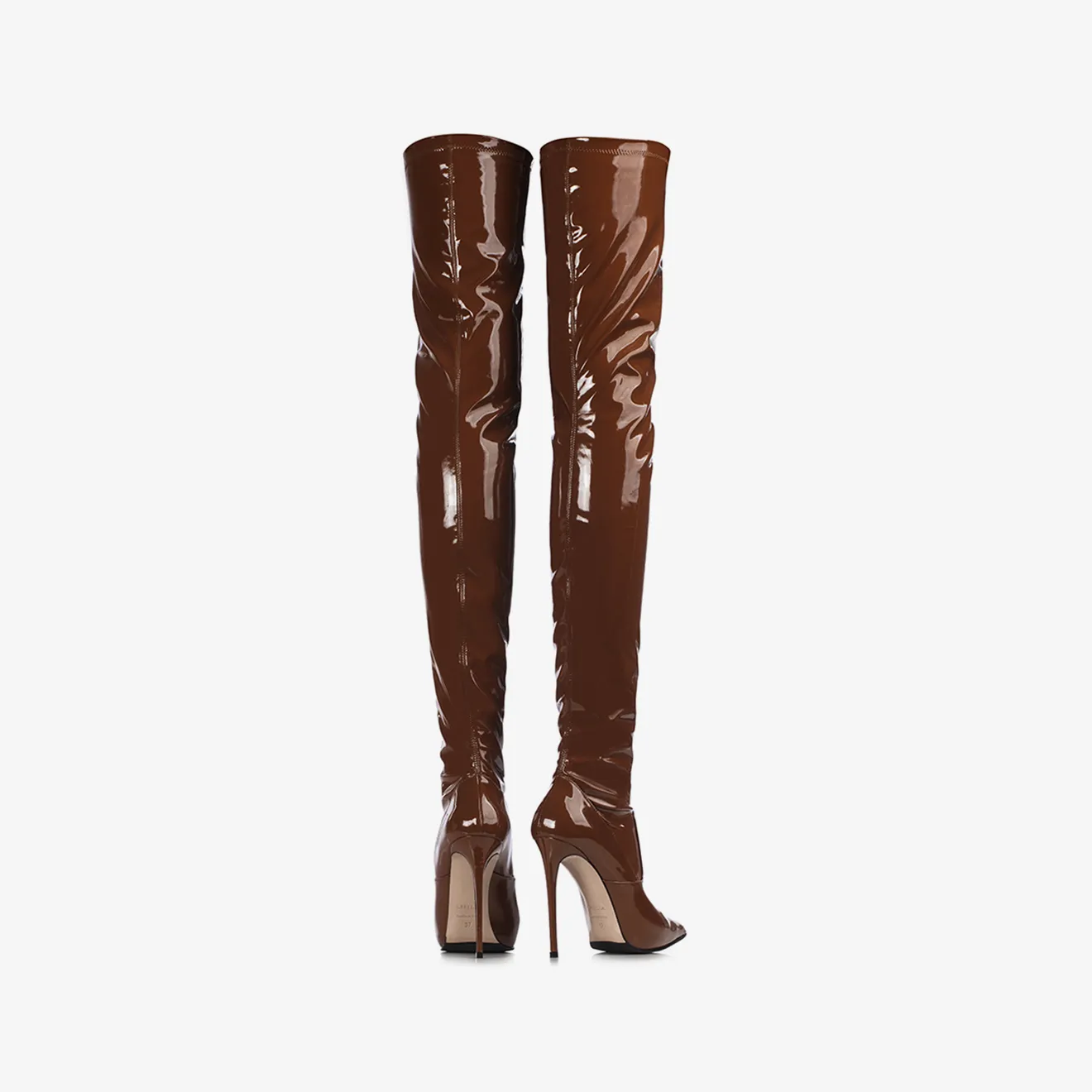 EVA THIGH-HIGH BOOT 120 mm Brick brown stretch vinyl over-the-knee boot