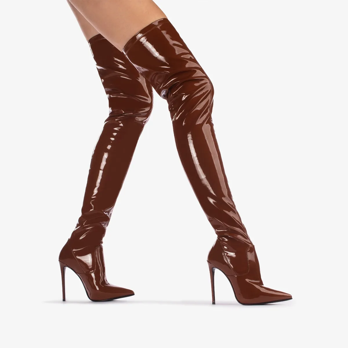 EVA THIGH-HIGH BOOT 120 mm Brick brown stretch vinyl over-the-knee boot