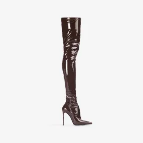 EVA THIGH-HIGH BOOT 120 mm Ebony brown stretch vinyl over-the-knee boot