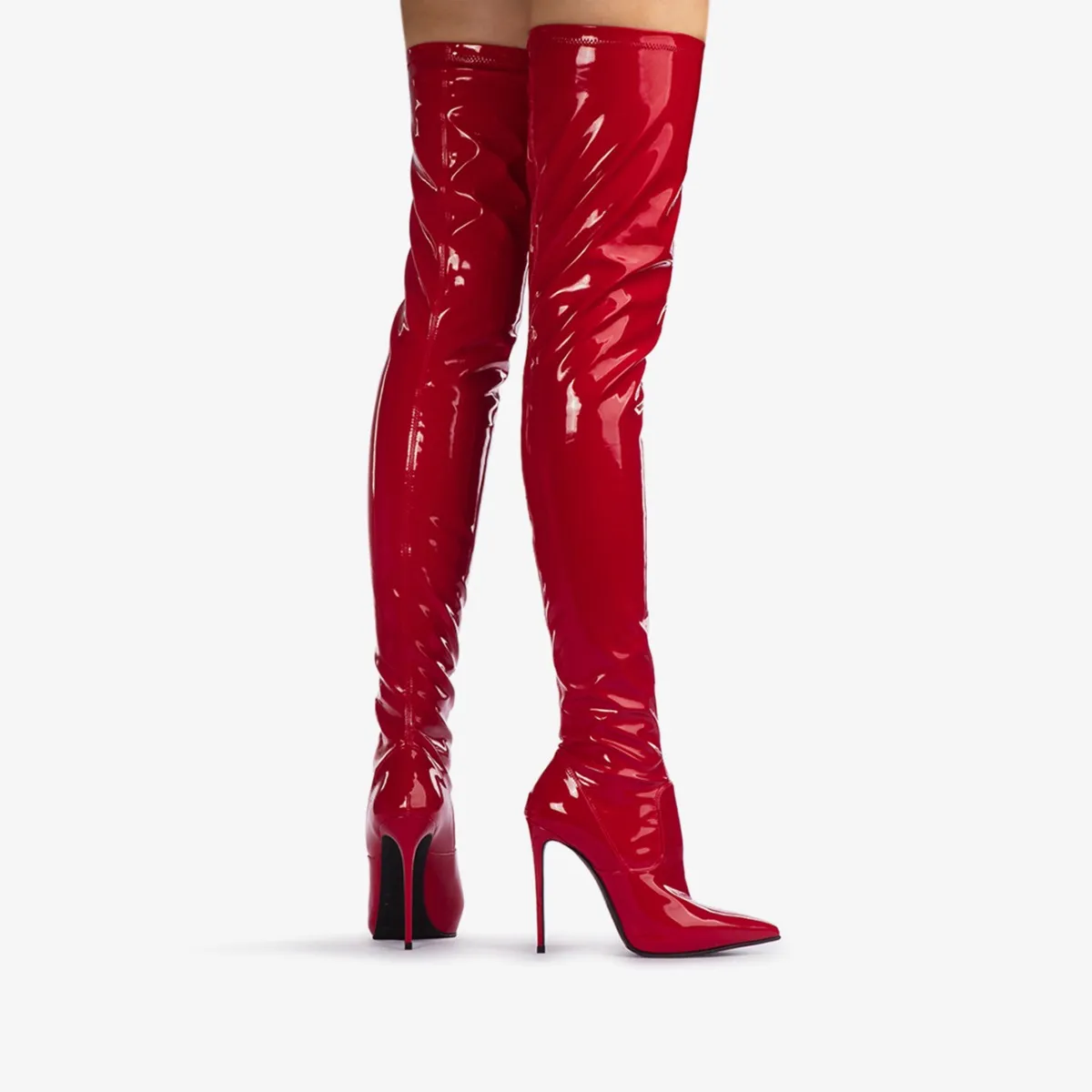 EVA THIGH-HIGH BOOT 120 mm Opium red stretch vinyl over-the-knee boot