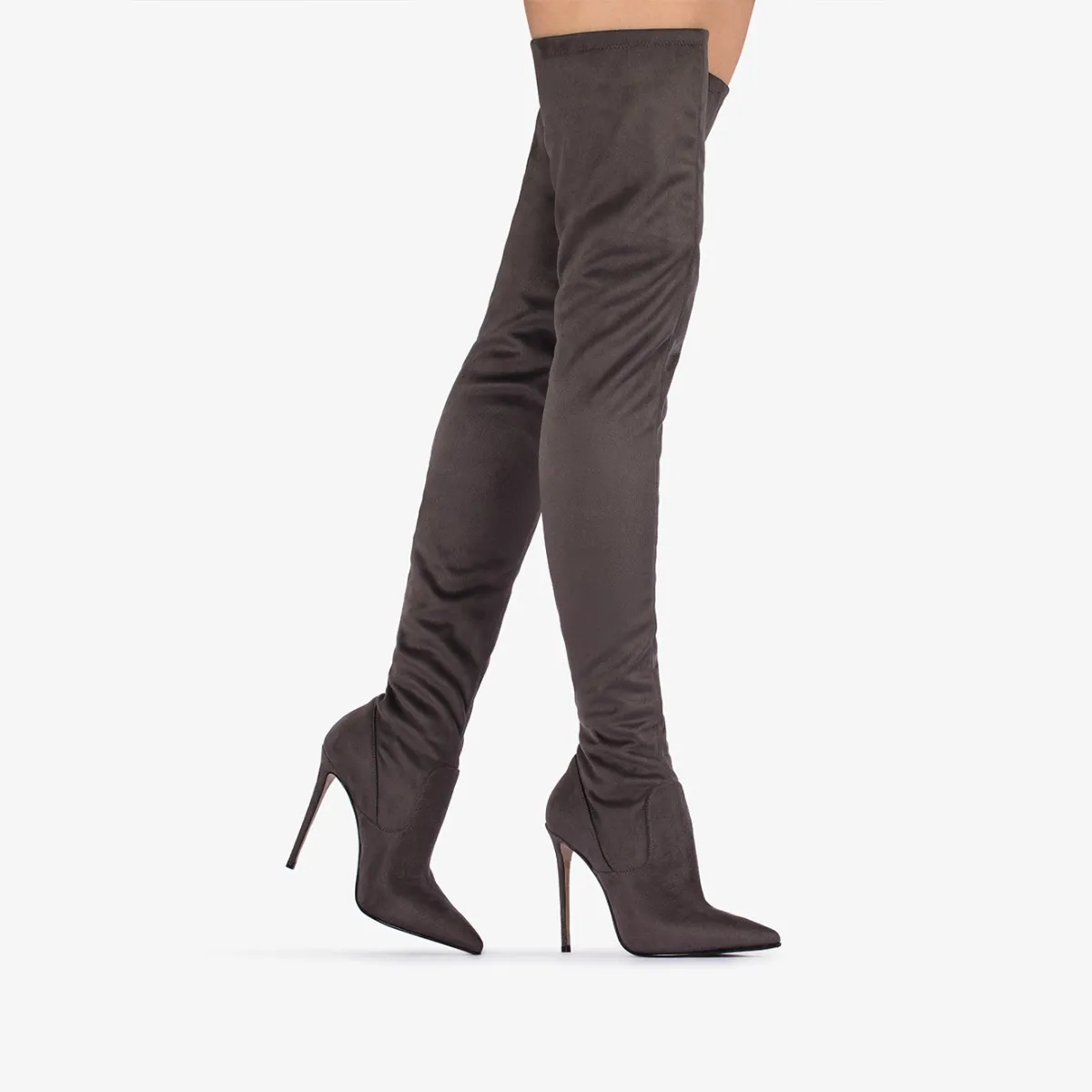 EVA THIGH-HIGH BOOT 120 mm Urban grey stretch vegan suede over-the-knee boot