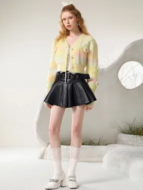 Flower V-Neck Gradation Fancy Pale-Tone Cotton-Candy Knit Short-Cardigan