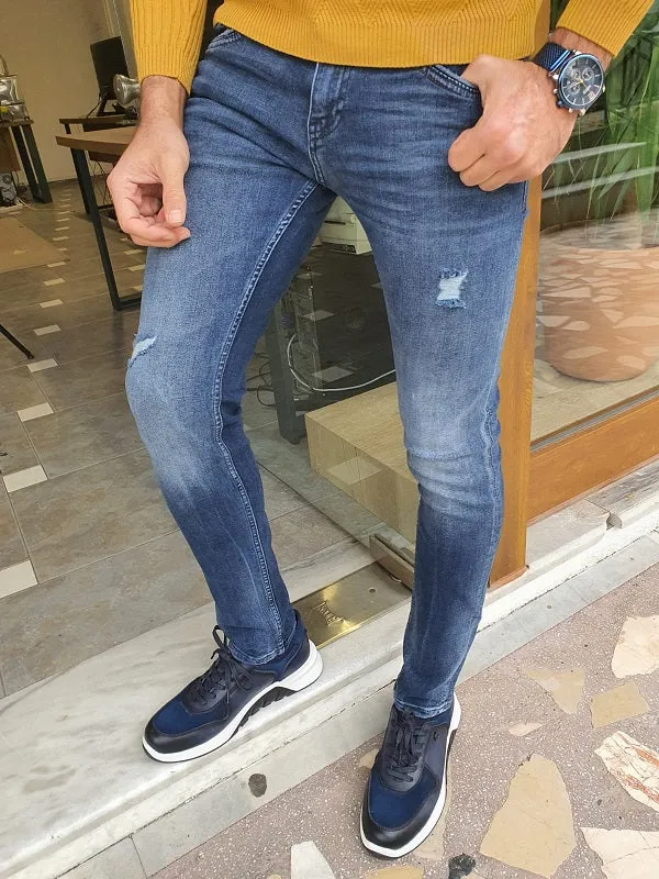 Frezo Blue Slim Fit Distress Jeans