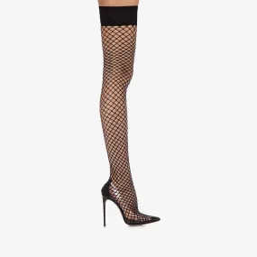 GILDA THIGH-HIGH BOOT 120 mm Black fishnet over-the-knee boot with Crystals