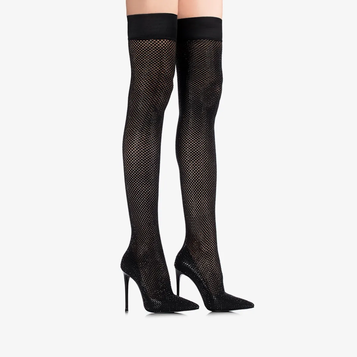 GILDA THIGH-HIGH BOOT 120 mm Jet black fishnet over-the-knee boot with Crystals