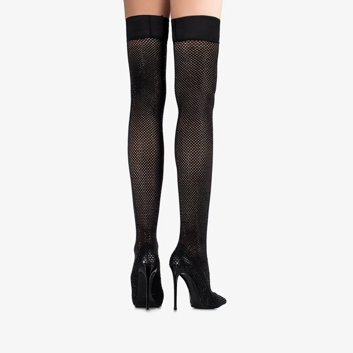 GILDA THIGH-HIGH BOOT 120 mm Jet black fishnet over-the-knee boot with Crystals