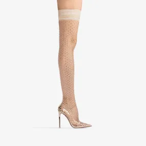 GILDA THIGH-HIGH BOOT 120 mm Platinum fishnet over-the-knee boot with Crystals