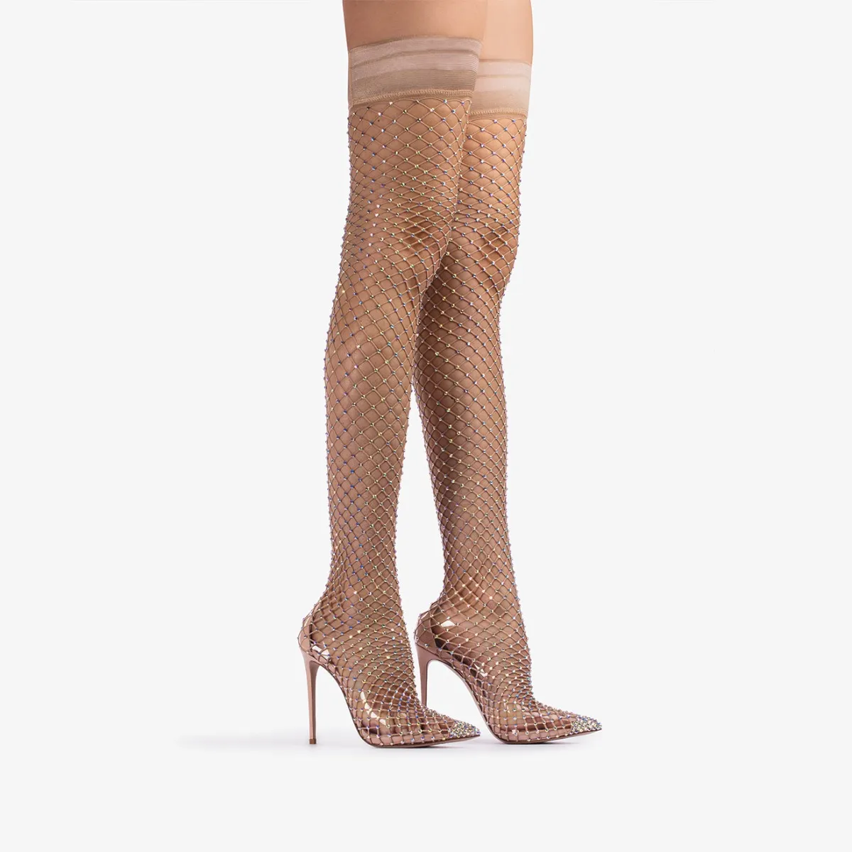 GILDA THIGH-HIGH BOOT 120 mm Skin nude fishnet over-the-knee boot with Crystals