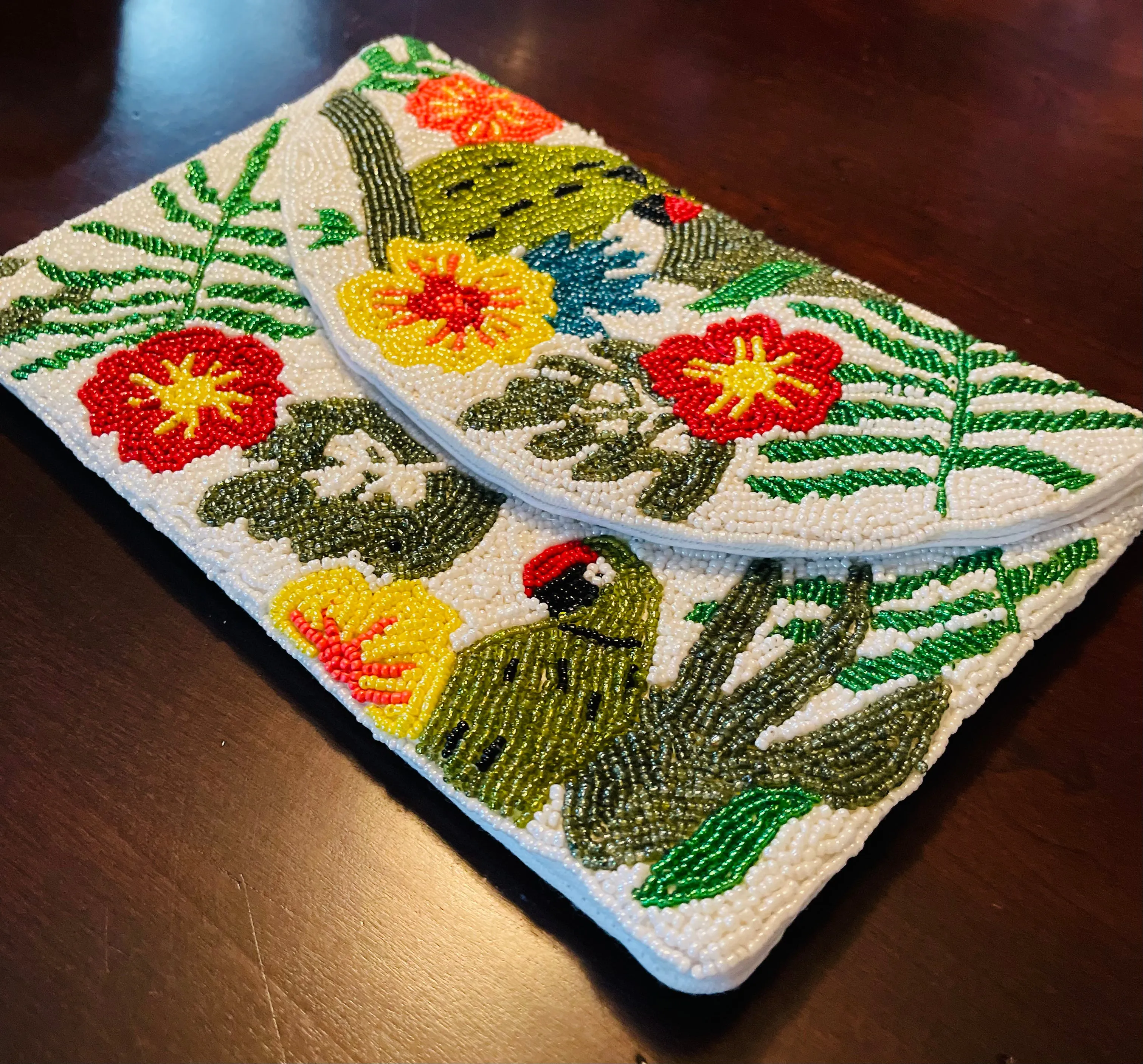 Green Parrot Handmade Beaded Clutch