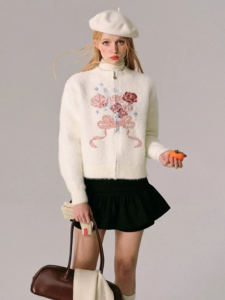 Jacquard Rose Bow Zipper Knitted Cardigan