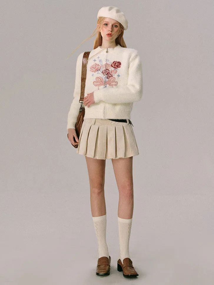 Jacquard Rose Bow Zipper Knitted Cardigan