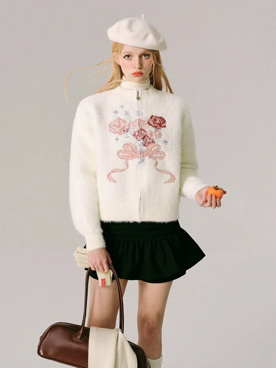 Jacquard Rose Bow Zipper Knitted Cardigan