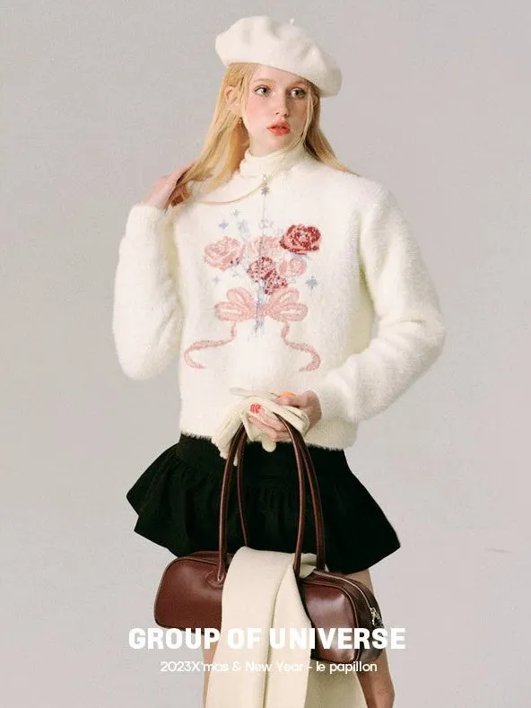 Jacquard Rose Bow Zipper Knitted Cardigan