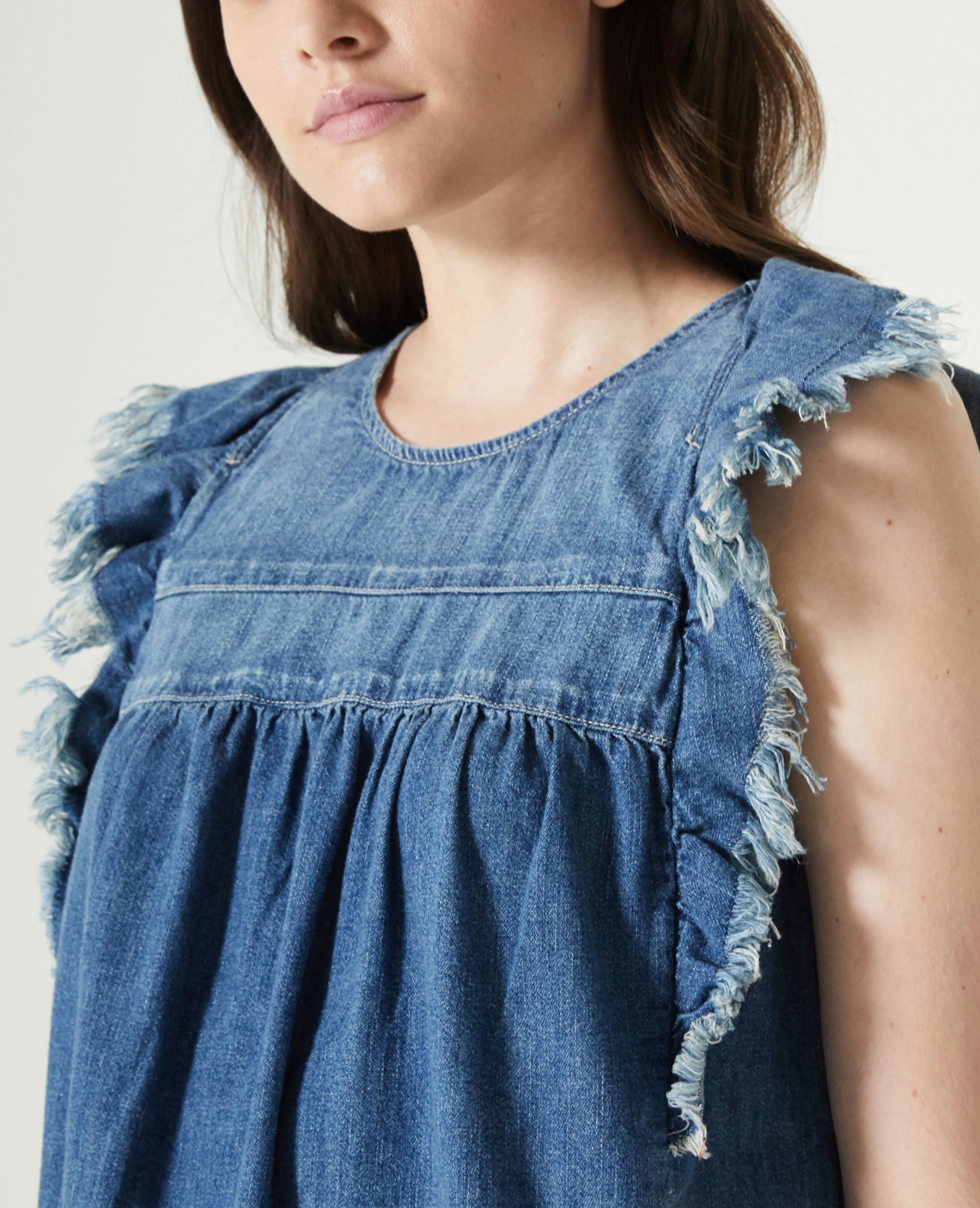     Jennifer Dress   Sleeveless Raw Edge Denim Dress  