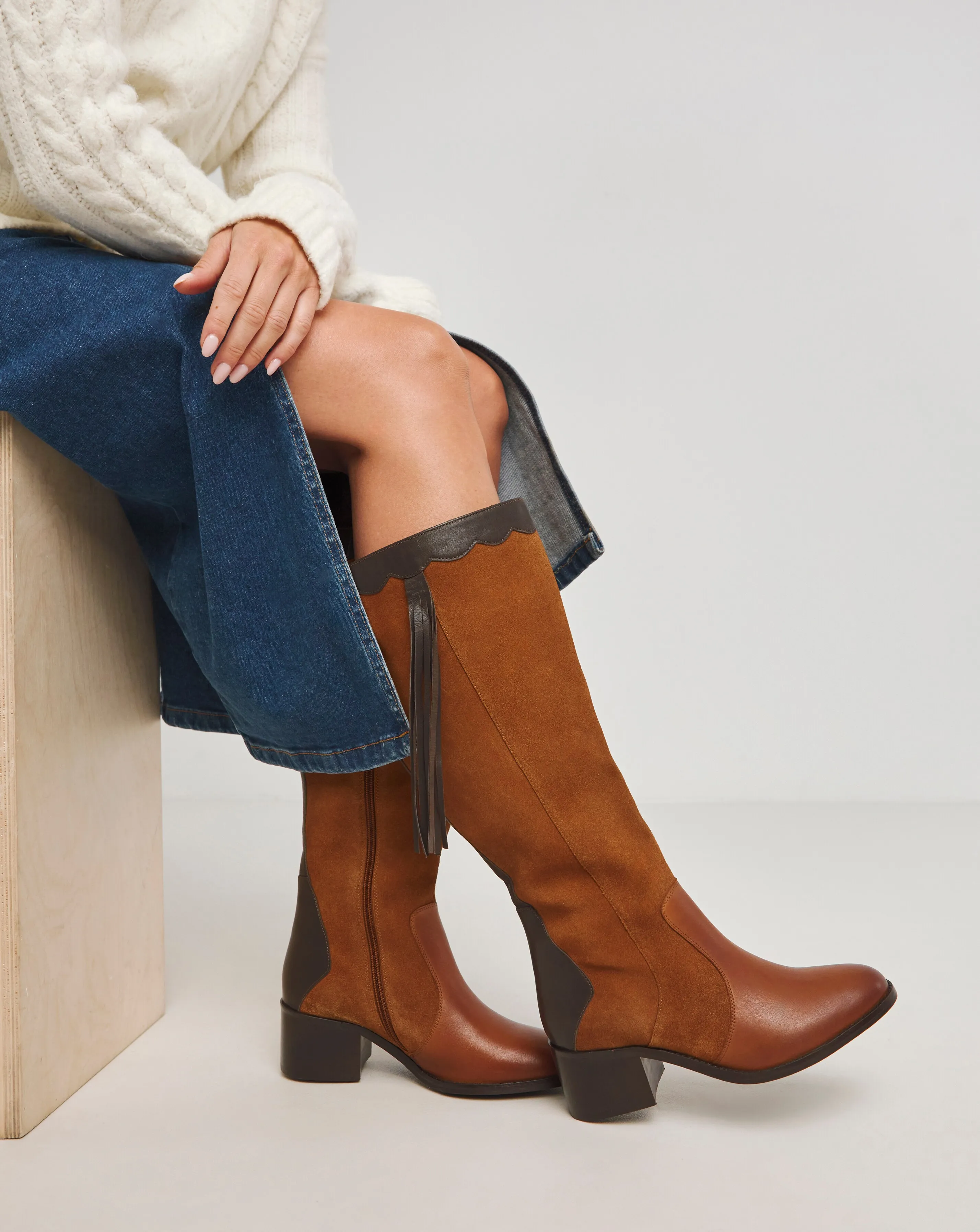 Joe Browns Knee High Riding Boot With Patch Work Detail EEE Fit Super Curvy Calf | Simply Be