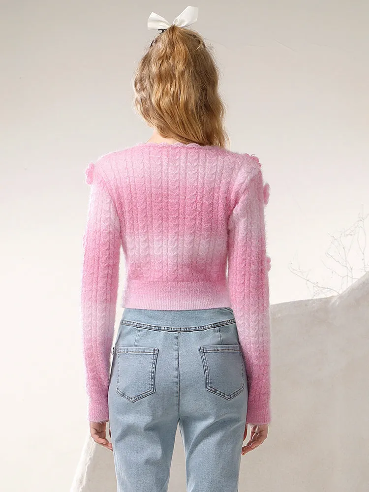 Knit Flower 3D V-Neck Feminine Short Gradation Cardigan