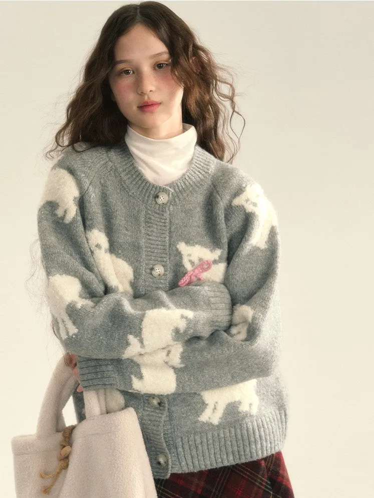 Knit Sheep Ribbon Retro Cres-Neck Cardigan