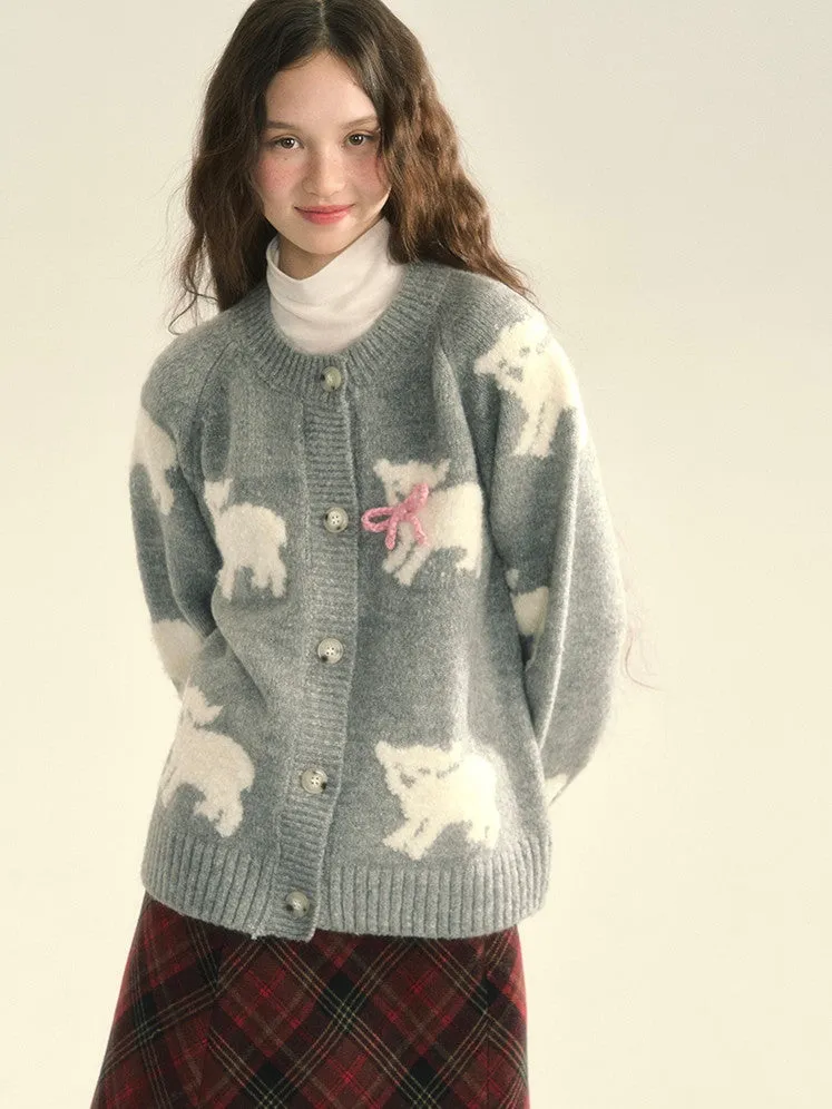 Knit Sheep Ribbon Retro Cres-Neck Cardigan