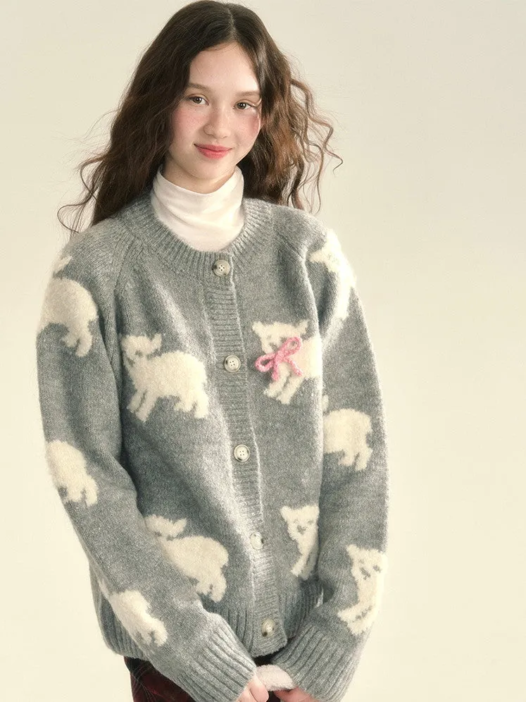 Knit Sheep Ribbon Retro Cres-Neck Cardigan