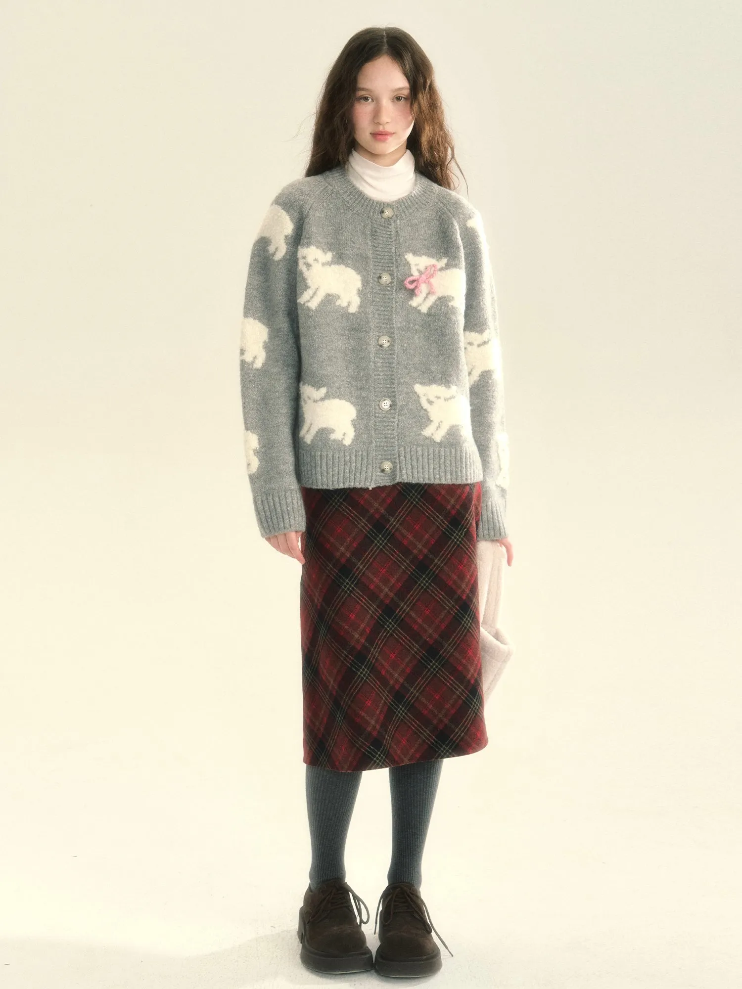 Knit Sheep Ribbon Retro Cres-Neck Cardigan