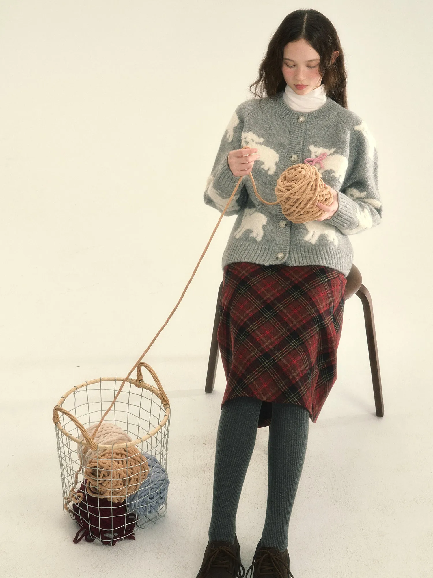 Knit Sheep Ribbon Retro Cres-Neck Cardigan