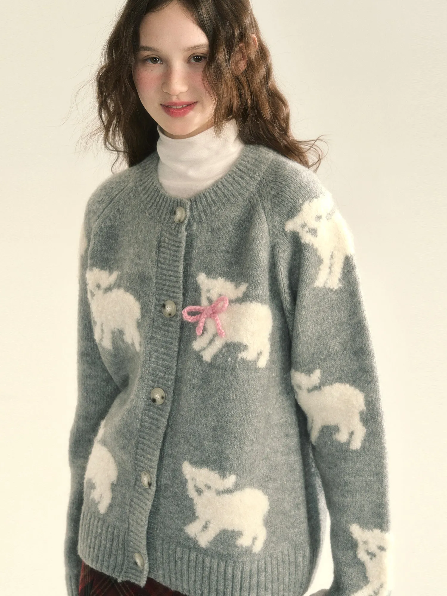 Knit Sheep Ribbon Retro Cres-Neck Cardigan