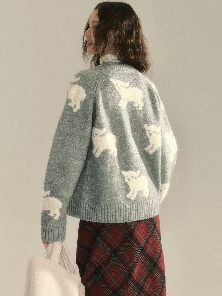 Knit Sheep Ribbon Retro Cres-Neck Cardigan