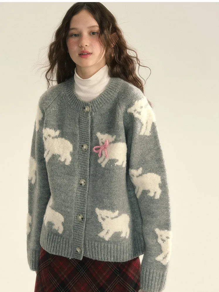 Knit Sheep Ribbon Retro Cres-Neck Cardigan