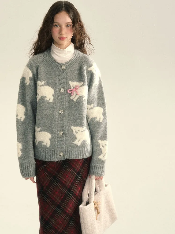 Knit Sheep Ribbon Retro Cres-Neck Cardigan