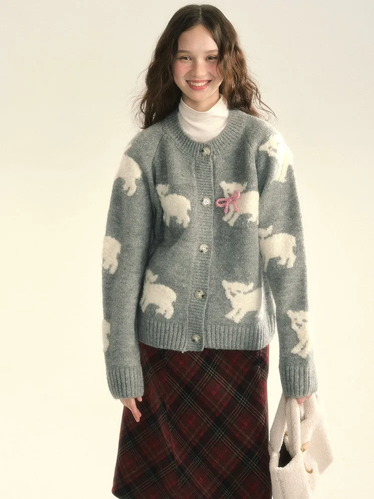 Knit Sheep Ribbon Retro Cres-Neck Cardigan